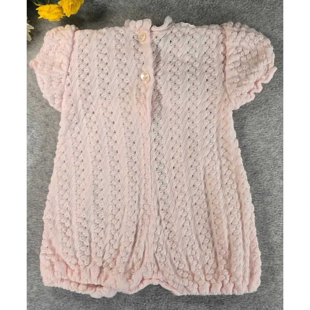 Vintage 80s Baby Girl Pink Knit Romper Portugal Pointelle Bubble One Piece 0-6M